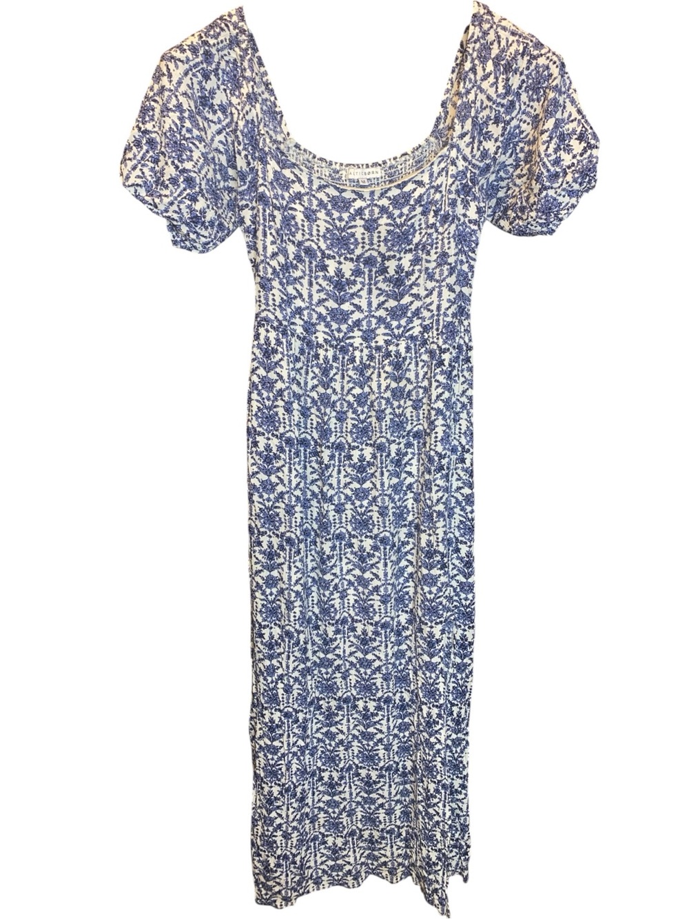 Baltic Born Blue White Puff Sleeve Maxi Dress Smocked Walking Slit Cali Boho
